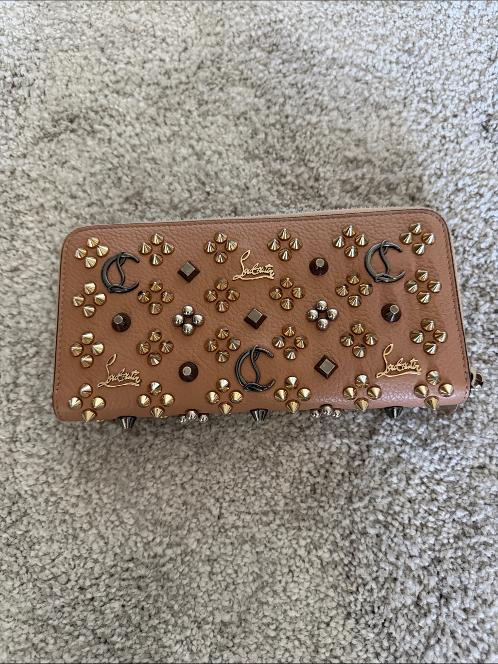Christian Louboutin Brown Leather Studded Zip Wallet With Mixed Metal Accents